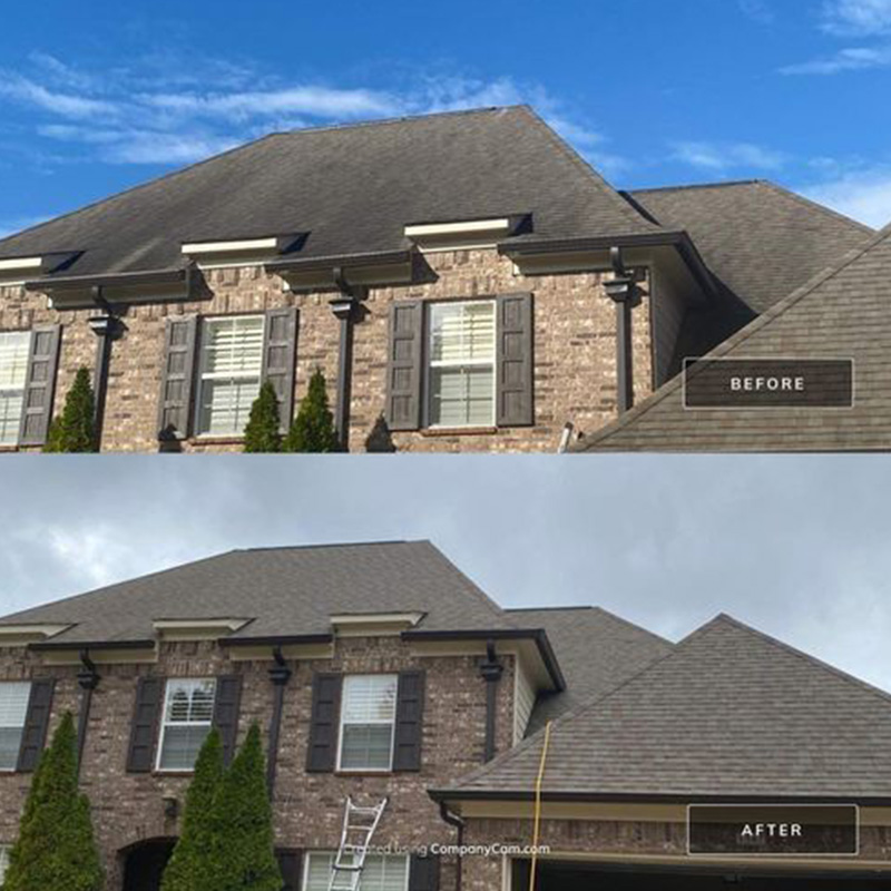 Before and after roof replacement on brick home