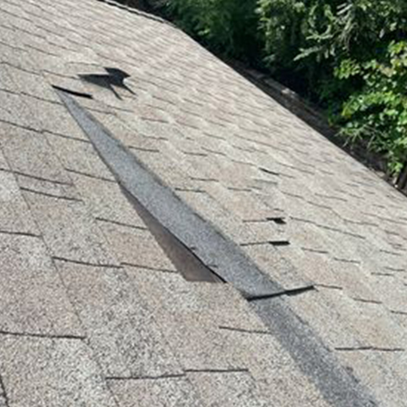 Close-up of lifted and curled shingles needing repair