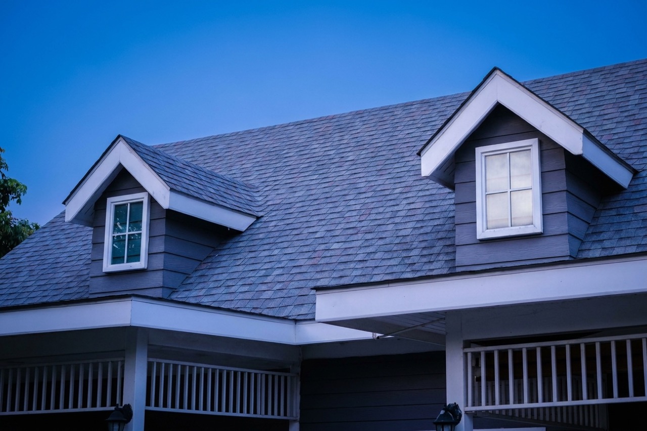 Residential roof with two dormers at dusk